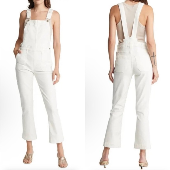 PAIGE Claudine Denim Ankle Flared Overalls white ivory jeans ankle size 26 - Picture 1 of 10